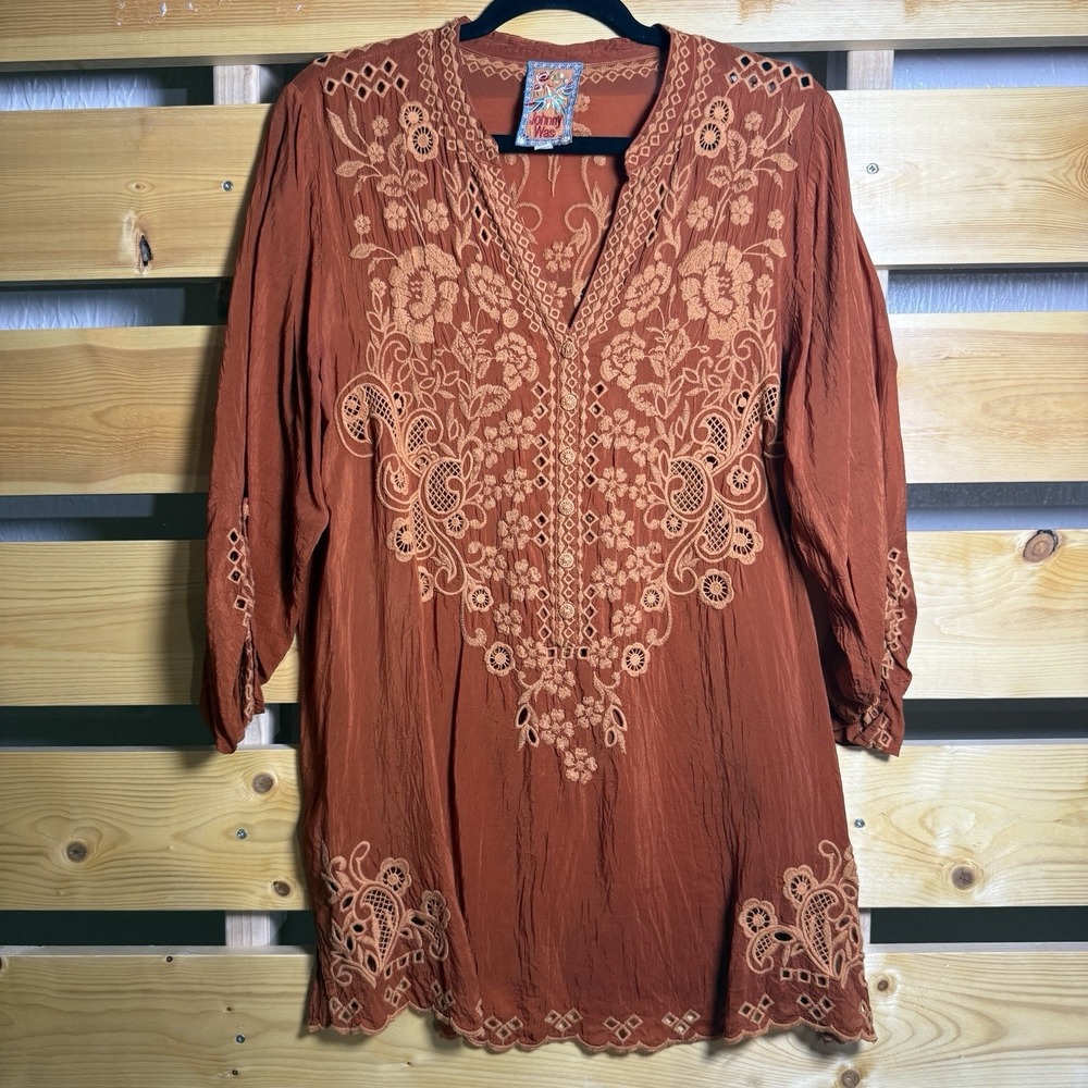 Johnny Was Blouse V-Neck Tunic Womens Large Embroidered Boho Chic Peasant
